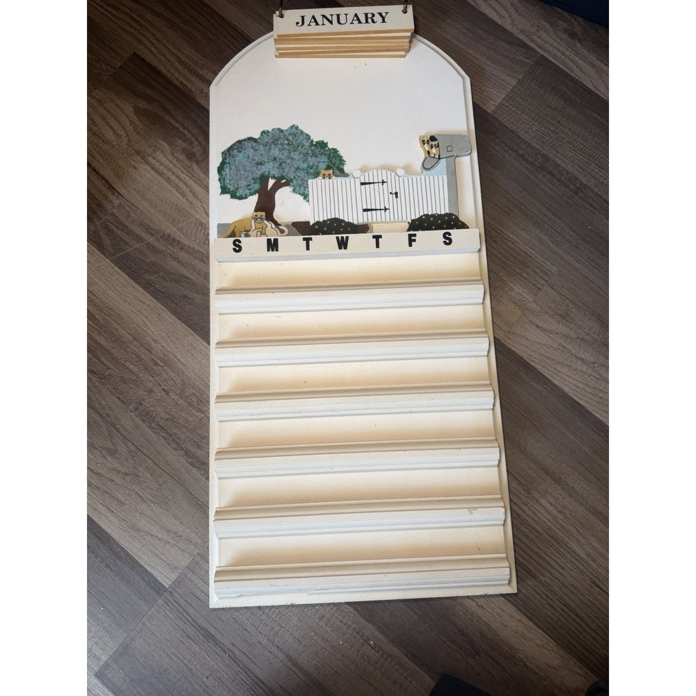 Vintage Perpetual Calendar Wooden Wall Hanging Home Decor Cats Handmade USA